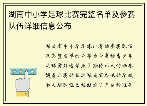 湖南中小学足球比赛完整名单及参赛队伍详细信息公布