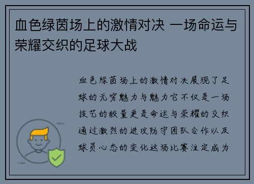 血色绿茵场上的激情对决 一场命运与荣耀交织的足球大战