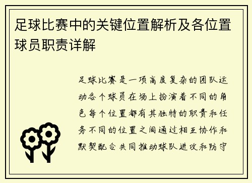 足球比赛中的关键位置解析及各位置球员职责详解